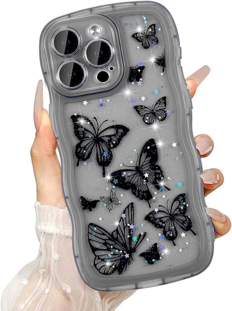 UEEBAI Wave Butterfly Case for iPhone 16 Pro Max Case, Pretty Bling Star Butterfly for Women Cute Shiny Glitter Phone Cover for Girls Bling Clear Cover Curly Shockproof Girly Shell - Black