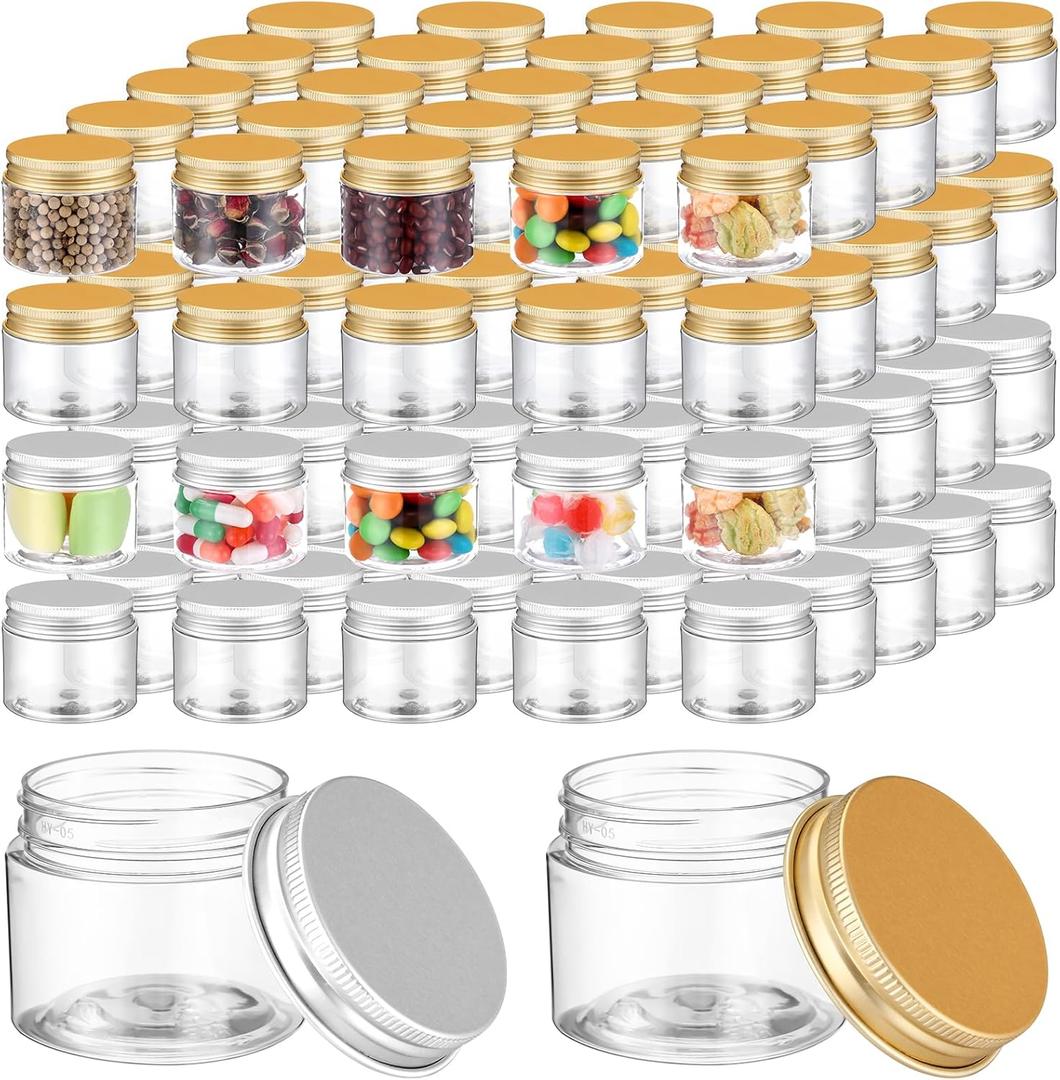 Meanplan 100 Pcs 2 oz Plastic Container Jars Clear Round Cosmetic Container with Lids, Plastic Jars with Screw Lids for Travel Storage, Kitchen Use, DIY Crafts(Gold, Silver,Aluminum)