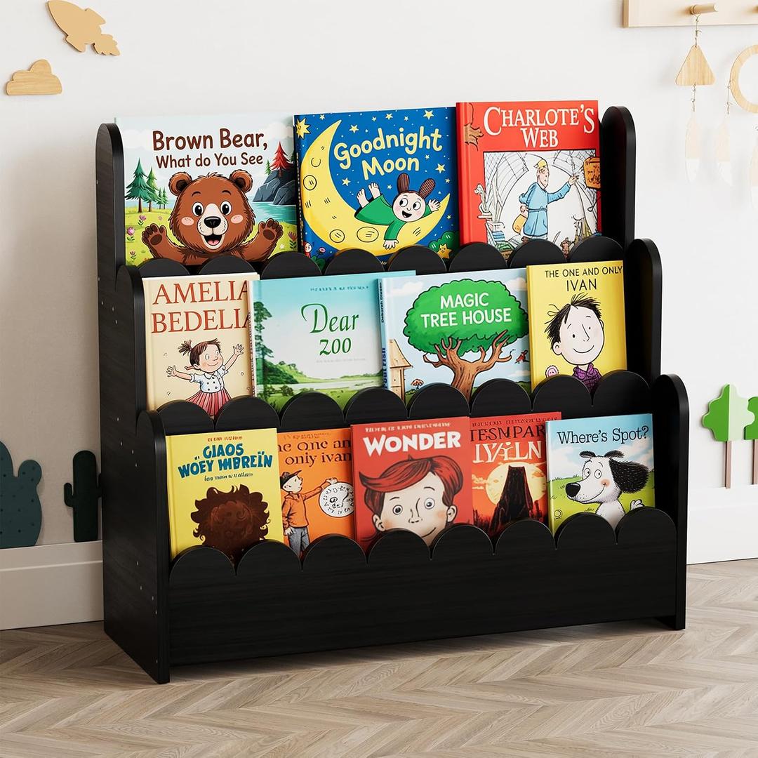 SpaceAid 3-Tier Scalloped Bookshelf, Montessori Bookcase for Toddlers, Wooden Book Shelf Organizer Display Furniture for Kids Rooms, Playroom, Nursery and Classroom, Black, 3 Tier, 29.6" W