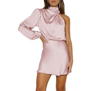 Women's Satin Long Sleeve One Shoulder Mini Dress Silk One Sleeve Turtle Neck Cut Out Cocktail Short Dress for Women, Size XL