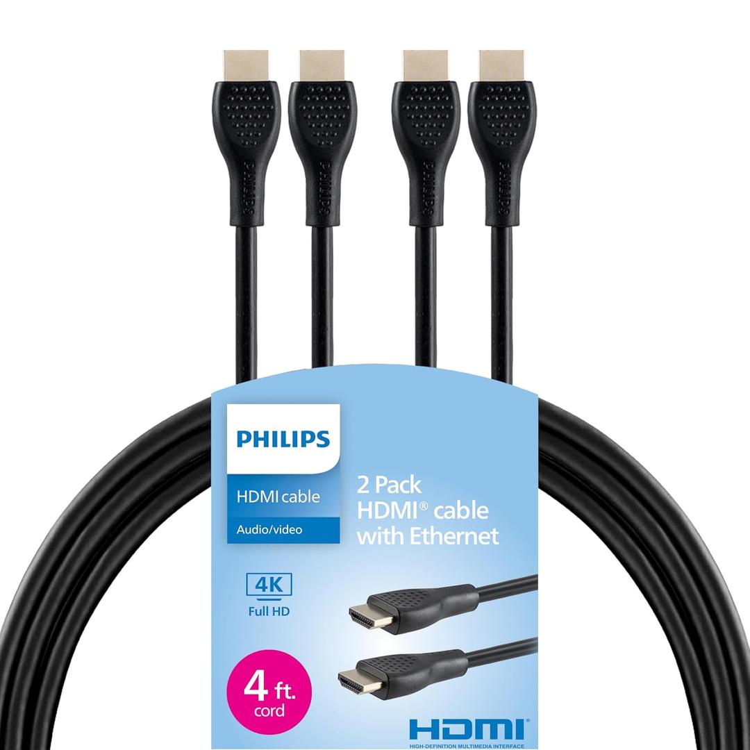 Philips 4K HDMI Cable 2 Pack,4 Ft Cord, 4K@120Hz, Data Transfer 10.2 Gbps, Fast Video Refresh Rate 60-600, Hertz Compatible with TV, Blu-ray, Laptops, Gaming Consoles, Streaming, Black, SWV3553B/37