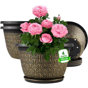 10 Inch Plant Pots, 4 Pack Flower Pots Outdoor with Drainage Holes & Trays, Retro Antique Imitation Decorative Garden Plastic Pots for Plants Indoor Sets for Houseplants