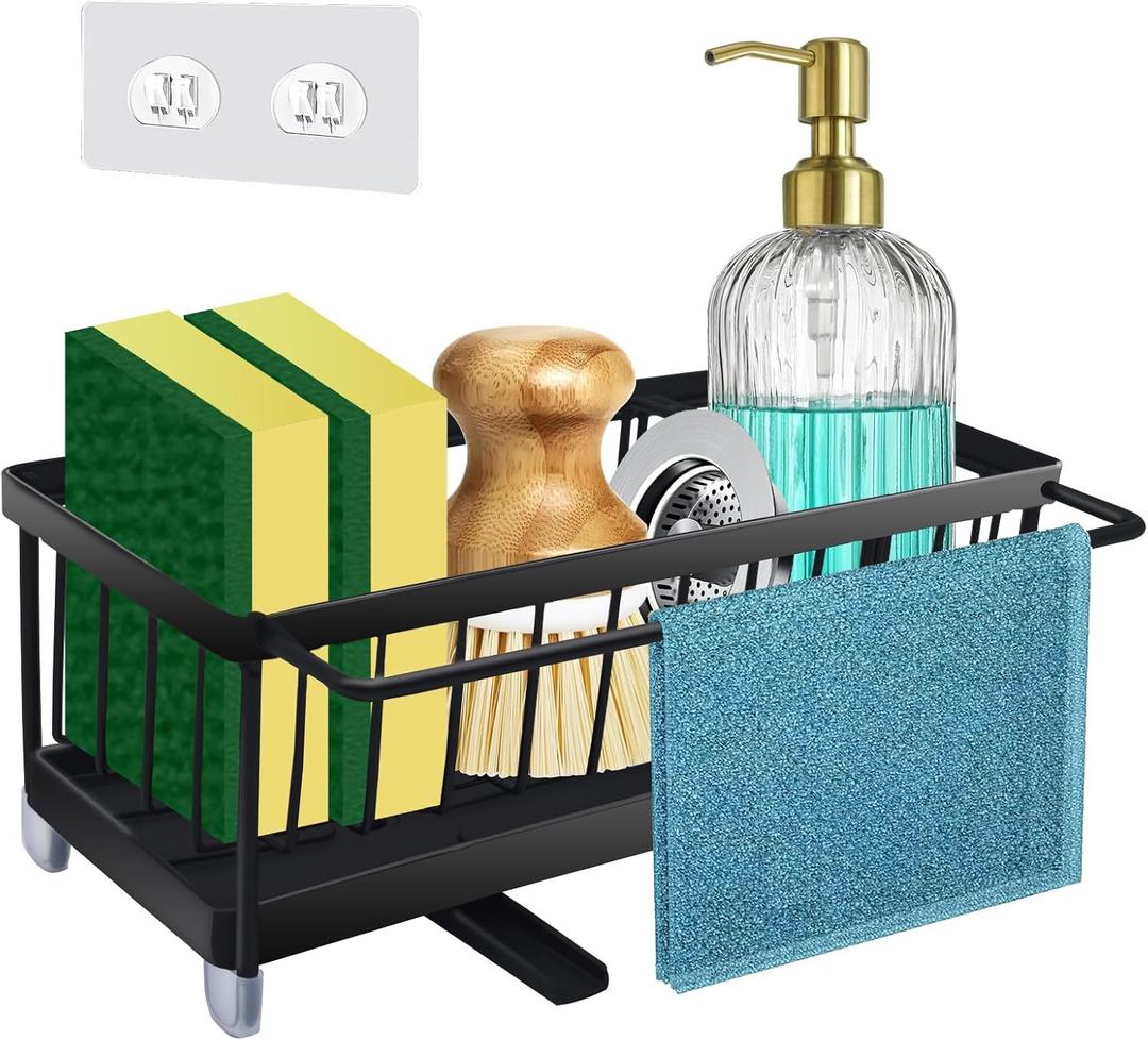 Upgraded Kitchen Sink Caddy, Sponge Holder for Kitchen Sink Organizers and Storage With Non-Slip Rubber Feet, Stainless Steel Countertop Organizer (Black)