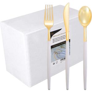 I00000 144Pcs Gold Plastic Silverware, Gold Plastic Utensils Set,Disposable Utensils Heavy Duty,Disposable Silverware Set Includes 48 Forks,48 Knives,48 Spoons for Party & Wedding (White)