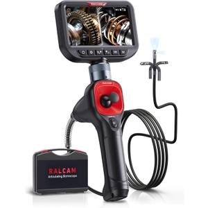 Ralcam 360 Articulating Borescope Dual Lens, 5'' Joystick 4 Ways Industrial Endoscope Camera with Light, 6.5mm Slim Probe, 5.0FT Semi-Rigid Snake Inspection Camera for Automotive Mechanics