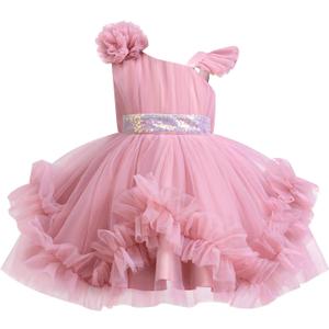 OBEEII Pageant Dress for Toddler Girls Sequin Irregular Ruffle Tulle Tutu Dresses Princess Birthday Wedding Flower Girl Dress, 130 cm (Pink)