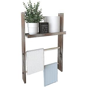 J JACKCUBE DESIGN Rustic Wood Wall Mount Towel Rack with Shelf, Blanket Ladder for Bathroom, Kitchen Hand Towels Holder, Stainless Towel Bar Hanger Farmhouse Decor - MK576A