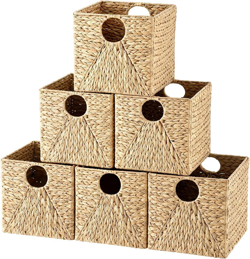 Jinei 6 Pcs Water Hyacinth Storage Baskets 12"x12"x12" Wood Color | Handwoven Wicker Bins with Handles, Wicker Cube Baskets Bulk for Shelves Organizer Laundry, Closet Bedroom