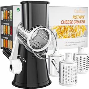 Cambom Rotary Cheese Grater Hand Crank Cheese Shredder for Fresh Cheese, Vegetable, Nuts, Non-slip Suction Base, Free Cleaning Brush, Three Blades, Black