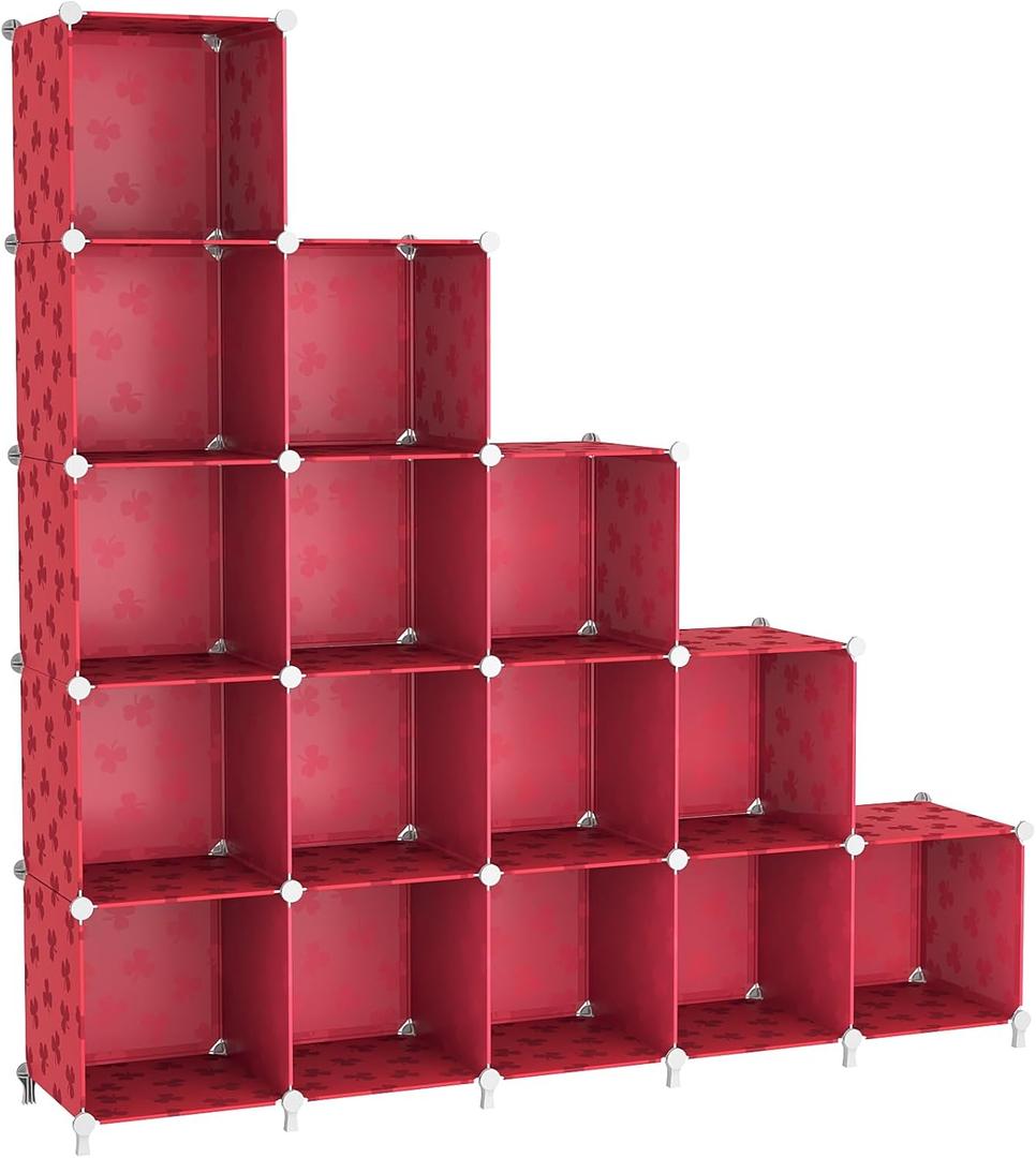 UNKU Cube Storage Organizer, 16 Cube Closet Organizer Storage Shelves, DIY Stackable Bookcase, Clothes Organizer Shelf for Closet, Bedroom, Living Room, Cabinet, Home, Office, Red