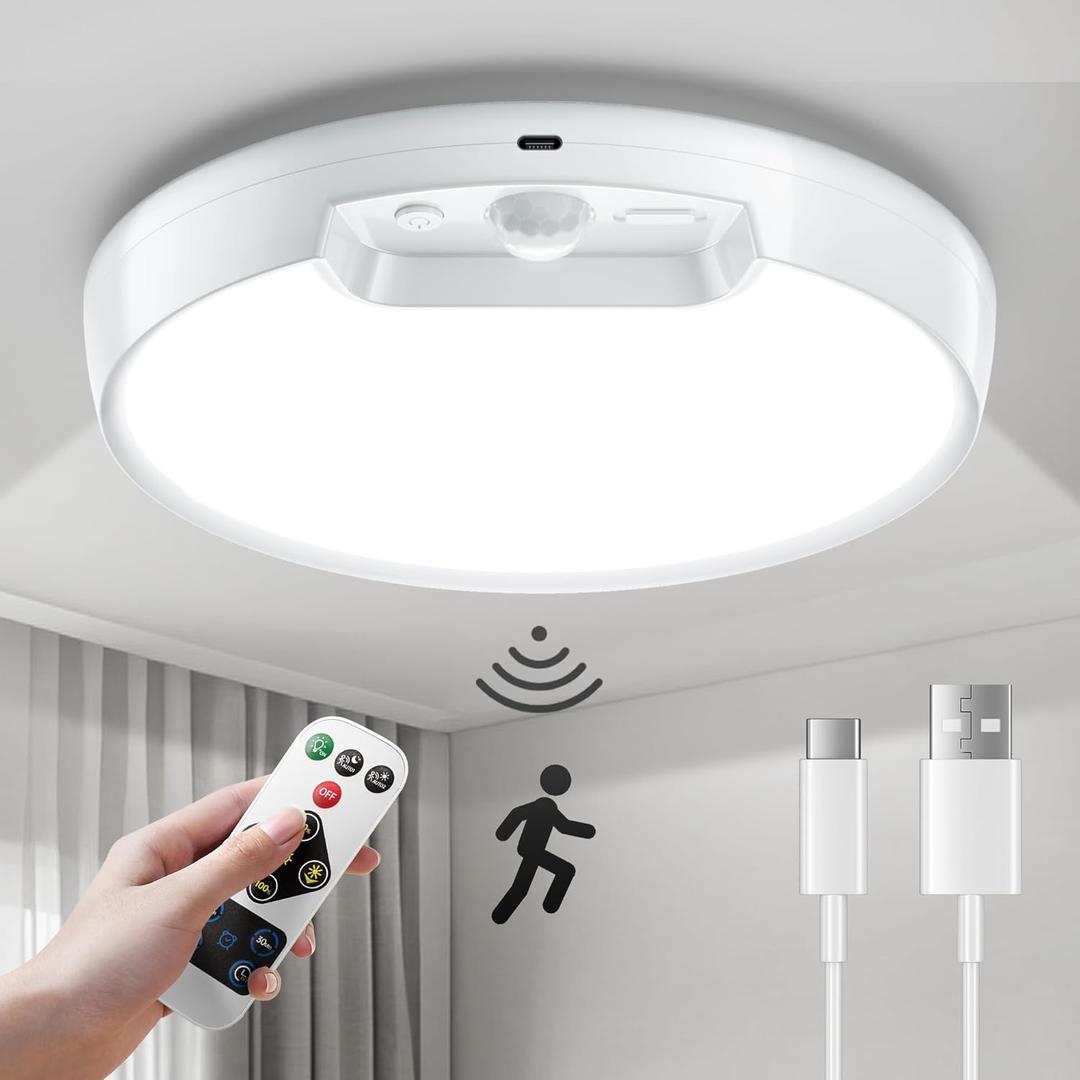 Homelist Newly Upgraded 8000mAh Rechargeable Ceiling Light, Battery-Operated Wireless Motion Sensor Ceiling Light with Remote for Shower, Bathroom, Closet, Stairs, Hallway, Porch (6000K Cool White) (1 Pack)