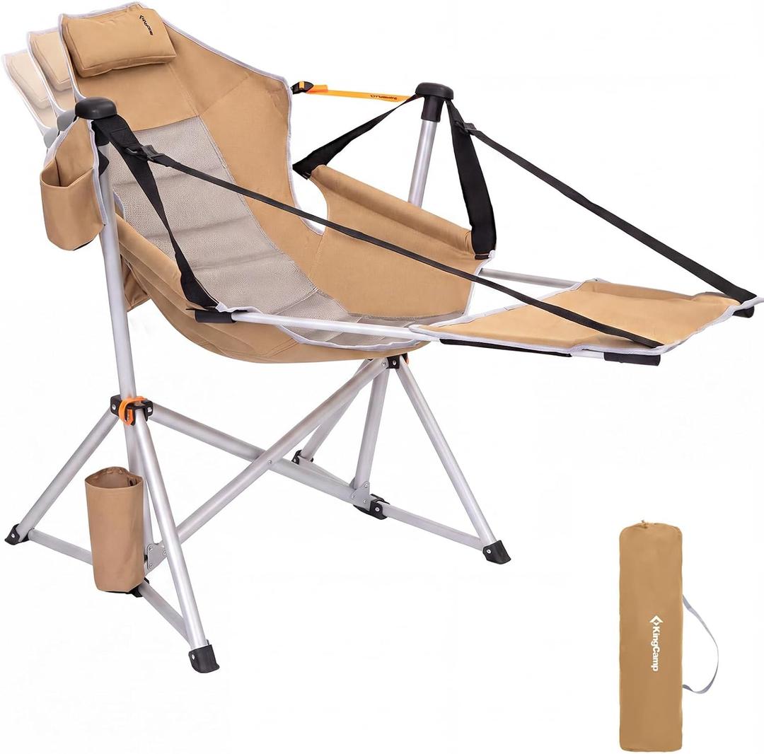 KingCamp Hammock Chair with Footrest Heavy Duty Swinging Rocking Camping Chairs for Adults up to 400lbs, Folding Portable Oversized Rocker with Cup Holder & Pillow for Outdoor Beach Lawn RV Sports