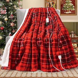 MAXEVE Heated Electric Blanket, 50"x60" Faux Fur Fast Heating Throw Blankets with 8 Heating Levels & 8 Hours Auto Off with OverHeat Protection & ETL Certified, Plaid Red