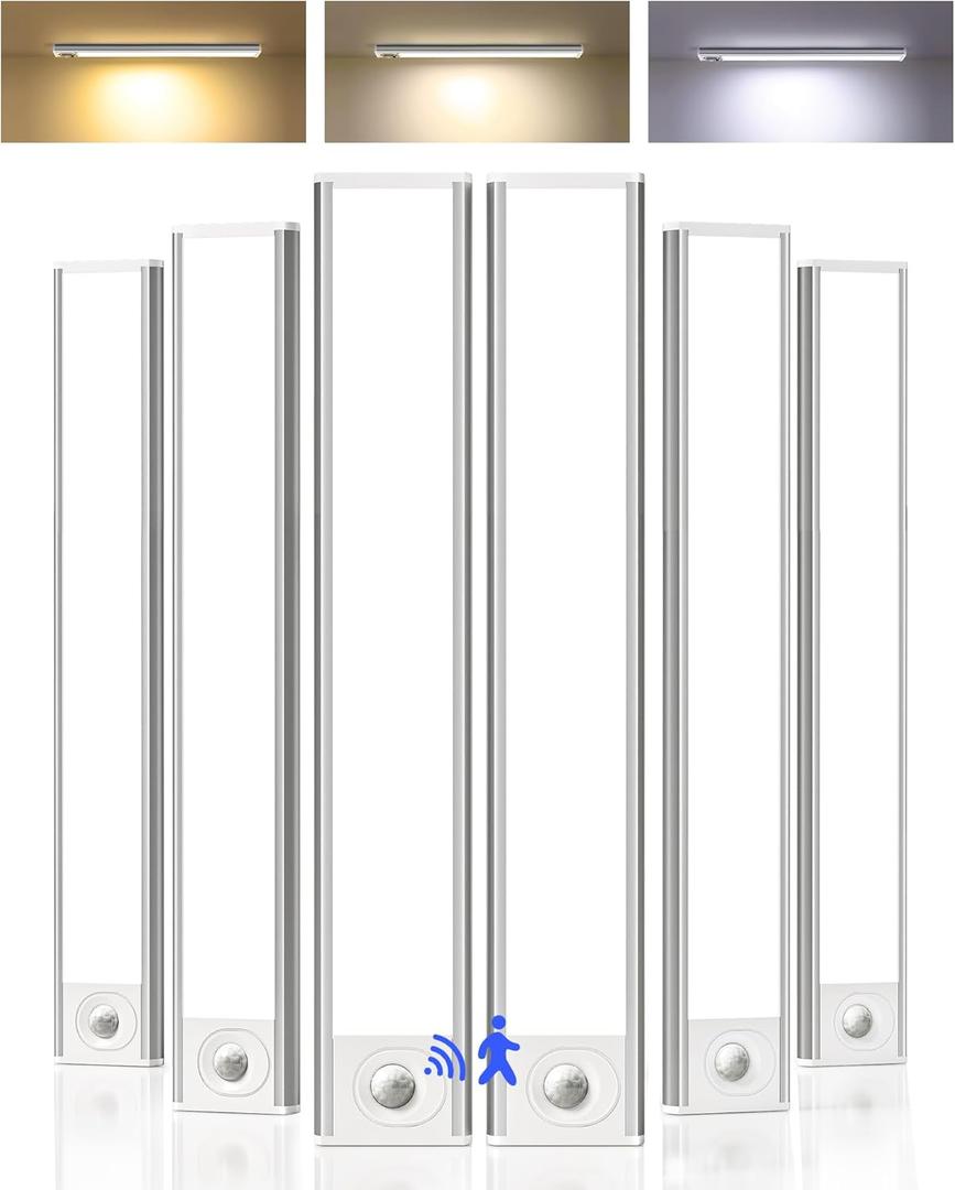 Under Cabinet Lighting, 12inch Rechargeable Motion Sensor Light Indoor, 2400mAh Battery Operated Closet Lights, with Dimmable & 3 Color Temps, Wireless Under Counter Lights for Kitchen,Stairs(6Pack)