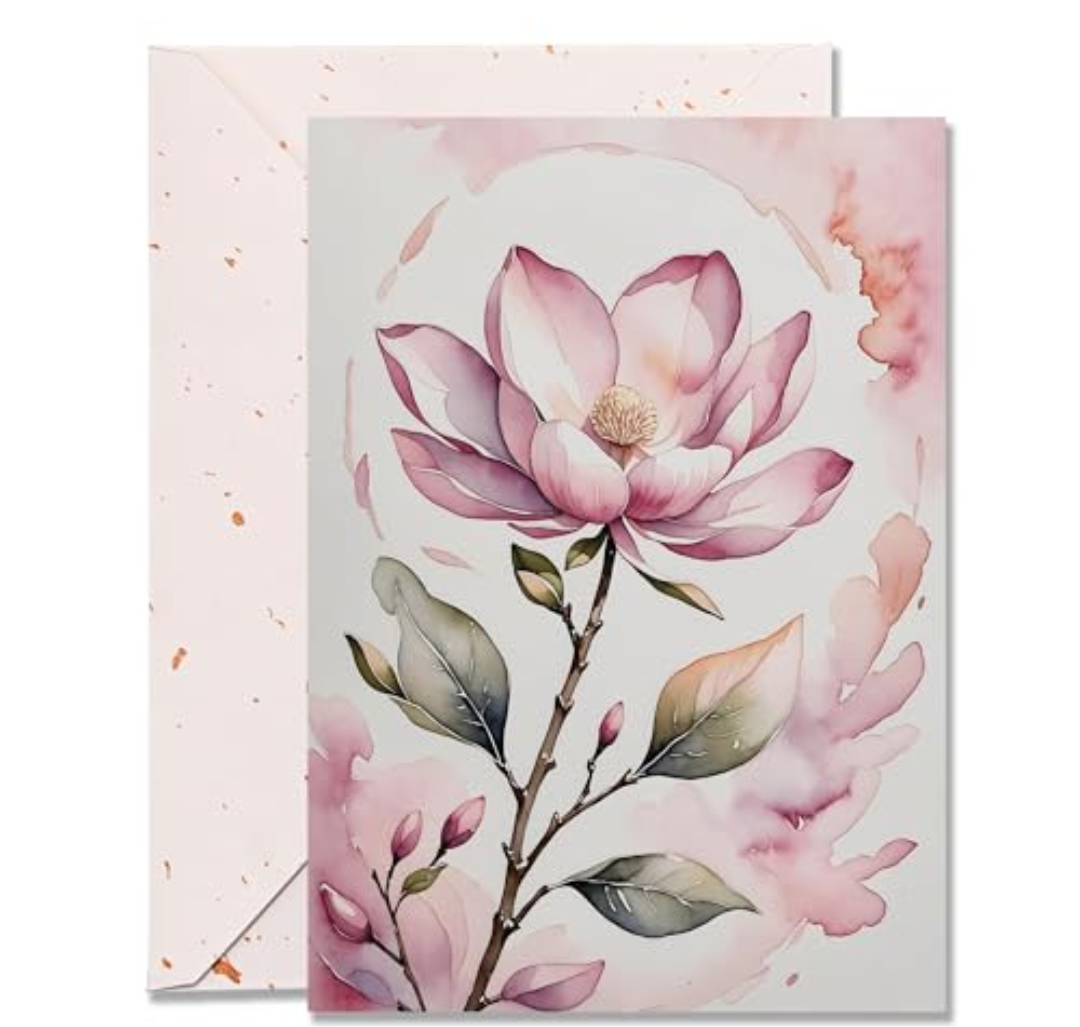 DORADUBO Blank Inside Card with Envelope for All Occasion, 5x7 Inch Watercolor Magnolia Blank Greeting Card – Birthday, Thank You, Sympathy - Single Card Pack of 2