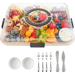 Charcuterie Board with Lid and Handle, Portable Travel Design Bamboo Cheese Board with Knife Set, Meat Fruit Serving Tray Platter, House Warming Gifts New Home, Gifts for Women, 6 Compartments