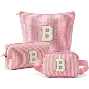 Personalized Initial Makeup Bag Set, 3pcs Monogram Makeup Bag with Large & Small Pouch and Waist Bag, Initial Makeup Bag Organizer for Travel, Luggage, Daily Use and Cute Gifts (B)