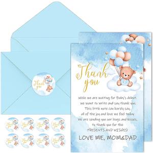 50 Pack Baby Shower Thank You Cards with Envelopes Stickers - Cute Bear Baby Shower Cards - Baby Girl/Baby Boy Shower Thank You Notes Birthday Supplies, 4 x 6 Inch (Blue)