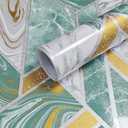 Safiyya 118"17.3" Glossy Green and Gold Wallpaper Waterproof Marble Contact Paper for Countertops Geometric Peel and Stick Wallpaper for Bathroom Table Furniture