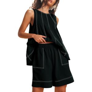 TERIVEEK Women Two Piece Summer Outfits Lounge Set Casual Loose Sleeveless Tunic Tops and Shorts with Pockets Tracksuit Set (Small, Black)