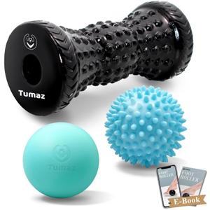 Tumaz Massage Ball & Foot Roller 3-in-1 Set with Spiky Ball, Lacrosse Ball, Massage Roller - Ergonomic Design to Relieve Plantar Fasciitis, Foot Massager for Deep and Superficial Muscle Pain (Diamond(black) 3-piece Set)