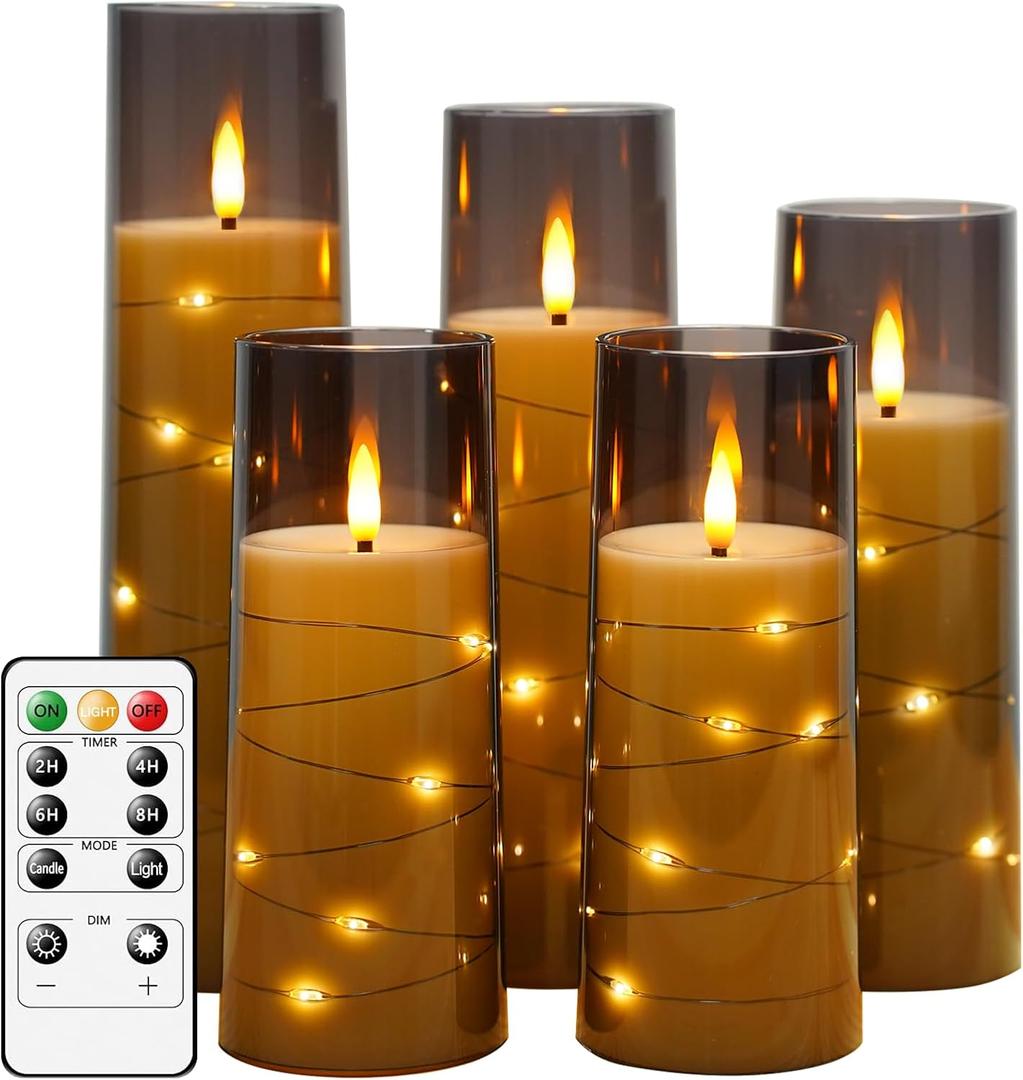 Kakoya Flameless LED Candles with Timer 5 Pc Flickering Flameless Candles for Romantic Ambiance and Home Decoration Stable Acrylic Shell,with Embedded Star StringBattery Operated CandlesGrey