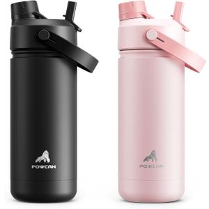 POWCAN 2 Pack 18 oz Kids Insulated Water Bottle for School: Leakproof, 2-in-1 Straw Spout Lid, BPA-Free, Keep Cold 24 Hrs, Stainless Steel Cup for Sports, Travel, Gift for Girls Boys Daughters Sons
