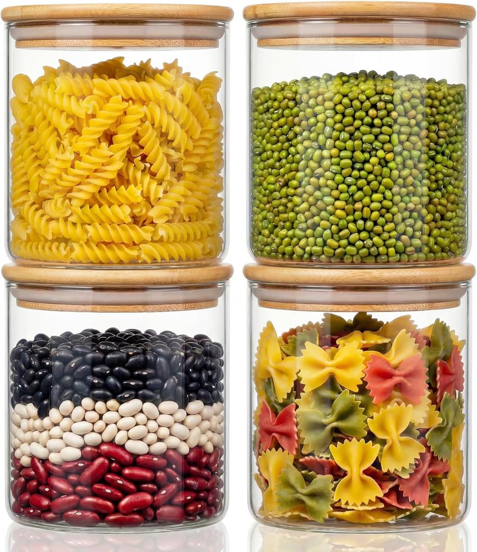 HomArtist 21oz - 4 Pack Glass Jars with Bamboo Lids, Glass Food Storage Containers with Airtight Lids, Air Tight Pantry Storage Containers for Coffee, Sugar, Spice, Meal Prep Jars for Salad & Fruit