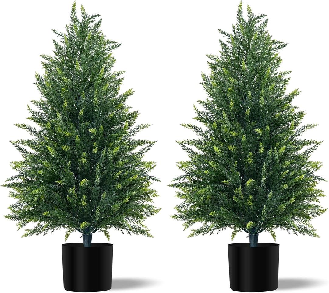 3FT Artificial Cedar Topiary Tree with Pot, Set of 2 Fake Evergreen Tree for Indoor Home Christmas Decor Outdoor Garden Porch Decor