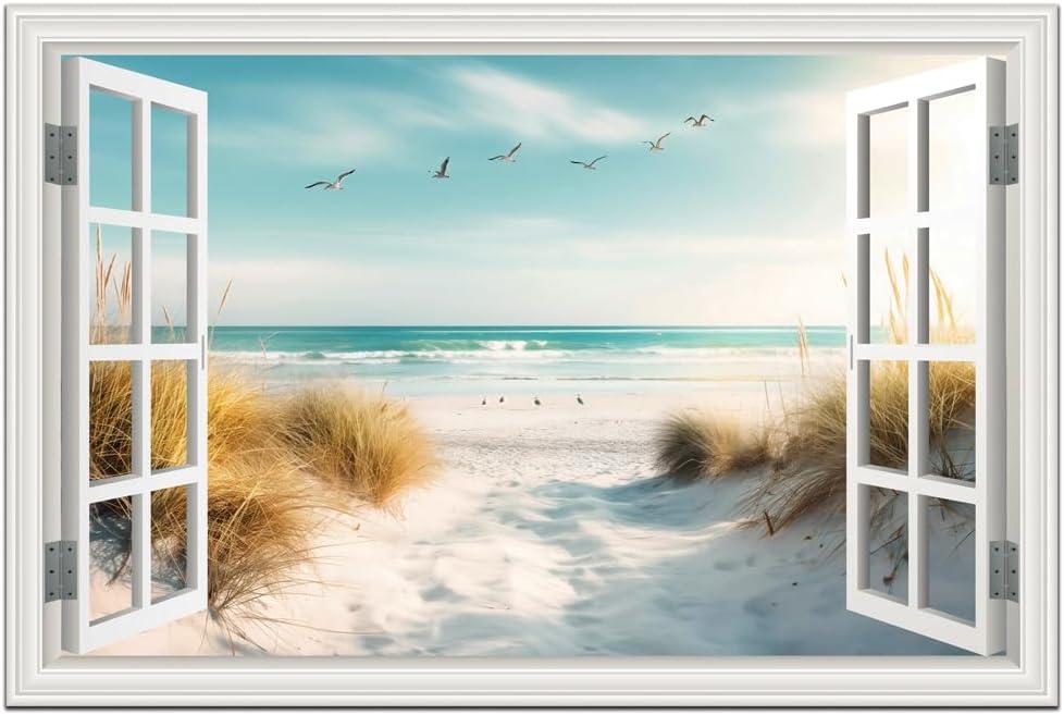 Canvas Wall Art - Large Ocean Prints for Living Room & Bedroom - White Window Style Beach Path Painting Coastal Seascape Artwork - Landscape for Home Office Decorations (32"*48")