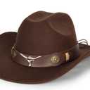 UTOWO Women Men Felt Western Cowboy Hat Classic Roll Up Brim Belt Buckle Cowgirl Fedora with Metal Bull Head M/L