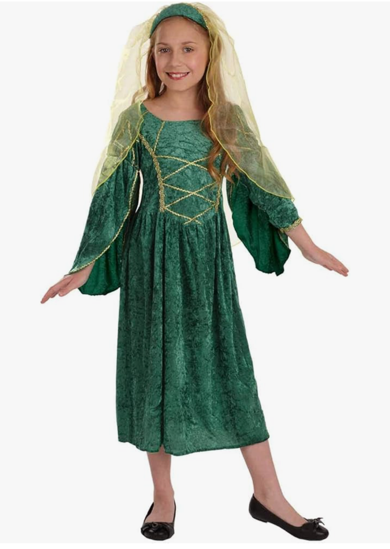 fun shack Green Girls Renaissance Costume, Medieval Princess Outfit for Kids, Historical Dress Up for Girls S