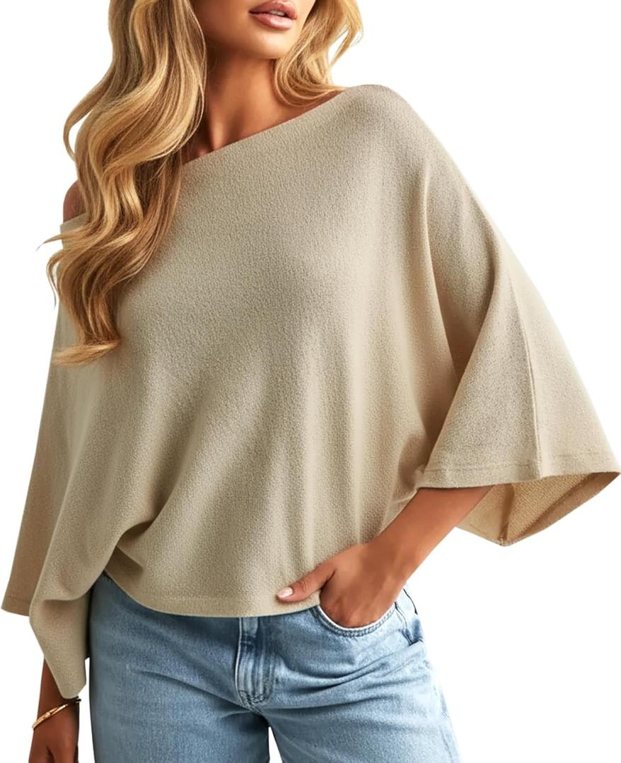 Navneet Women Off The Shoulder Oversized Knit Poncho Sweater Boat Neck Batwing Pullover Jumper Top Beige M