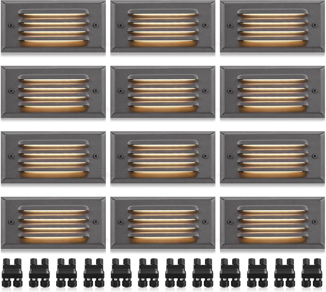 SUNVIE Low Voltage Step Lights Outdoor 5W LED Stair Lights with Horizontal Louver Faceplate Deck Lights for Steps Stairs Fences 12V 3000K 3.2FT ETL Listed Wire, Fastlock2 Connectors Included, 12 Pack
