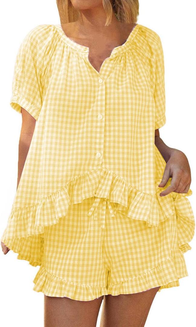 Womens Gingham Pajama Set 2 Piece Cotton Short Sleeve Plaid Ruffle Pjs Outfits Lounge Babydoll Shirt Sleepwear (Small)