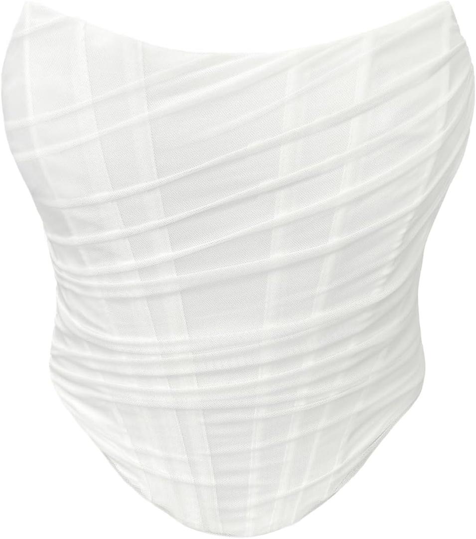 Women's Mesh Strapless Corset Crop Top Boned Vintage Sleeveless Overbust Zip Back Bodyshaper Going Out Bustier Tops (White, S)