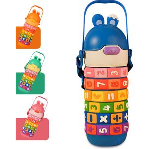 Yenergy 15 oz Kids Math Learning Water Bottle, Educational Thermos with Straw, 316 Stainless Steel Liner, Carrying Strap, Leak-Proof, Fun, Sensory, Puzzle Kid's Birthday Gift (Blue)