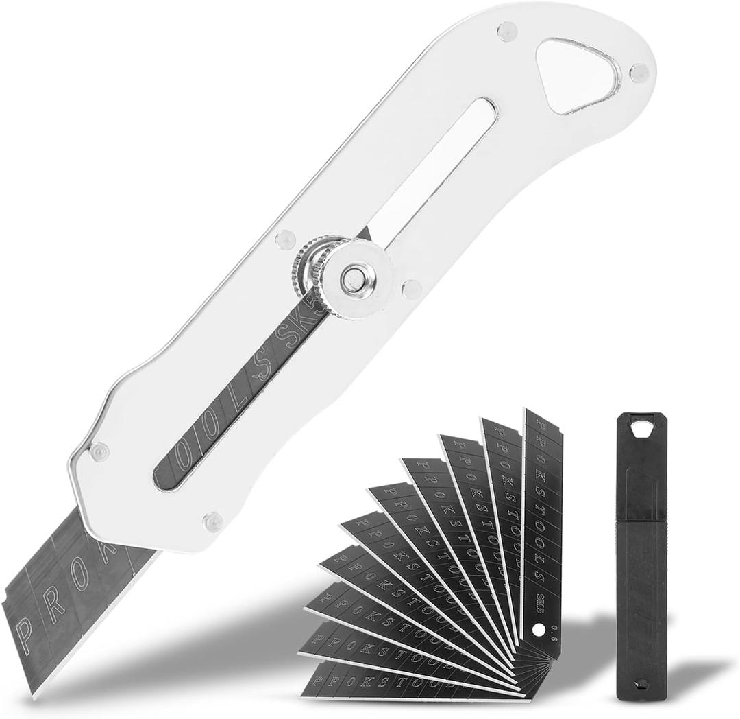 Harita Box Cutter Utility Knife Stainless Steel, Adjustable blades length Heavy Duty Rust Resistance with blackening via phosphating with 10 Pcs SK5 Blades for men women craftmen Quick-Change Bright