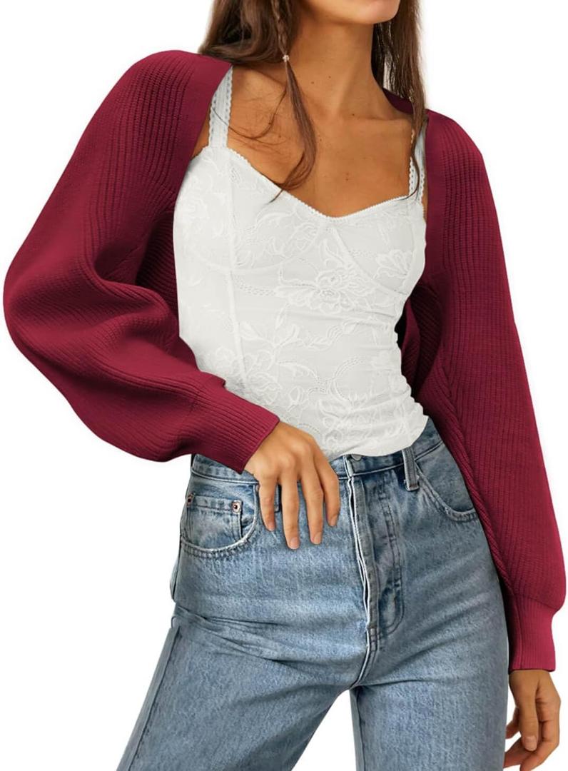 Zwurew Women's Bolero Shrug Sweater 2026 Knitted Long Sleeve Open Front Cropped Cardigan Shrugs Sweaters Y2K Tops (Red, S)