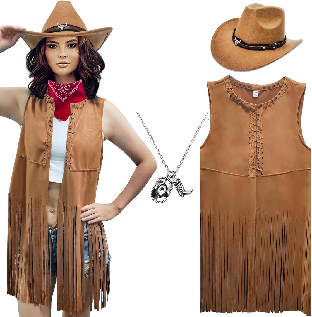 ATAMET Western Cowgirl Outfits for Women Cowgirl Fringe Vest Cowboy Hat Necklace Bandana,70s Hippie Costume for Halloween (Small, Brown)