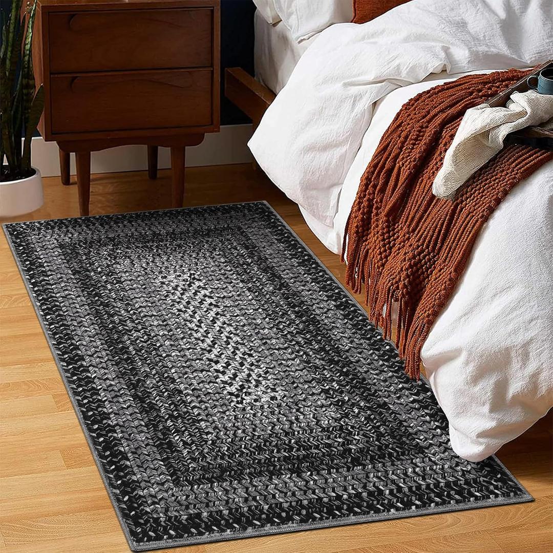 RUGSREAL Entryway Rug 2x3 Small Bedside Throw Mat with Rubber Backing Machine Washable Living Room Rug Non Slip Bathroom Mat Stain Resistant Braided Print Carpet for Dining Room Kitchen Hallway, Black