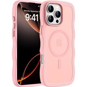 Hualele for iPhone 16 Pro Max Case Cute for Women, Compatible with MagSafe, Military Grade Dropproof Translucent Matte Back Curly Wave Edge Slim Girly Phone Case 16 Pro Max Case, Light Pink