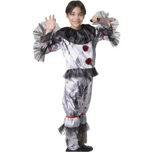 Kids Scary Clown Costume Unisex Gray Satin with Black Lace Creepy Clown Jumpsuit for Halloween, Carnival, School Play, 13-15, Grey Jumpsuit