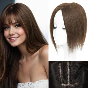 Rootoo Hair Toppers for Women Real Human Hair, 12 Inch Realistic Biological Scalp Topper Hair Pieces for Women with Thinning Crown with Middle Part Clip in Bangs Big Base 360 Cover (Medium Brown)
