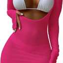 Lilosy Sexy Crochet Sheer Long Sleeve Cover Up Swim Bathing Suit Beach Dress One Piece (Medium, Bright Red)