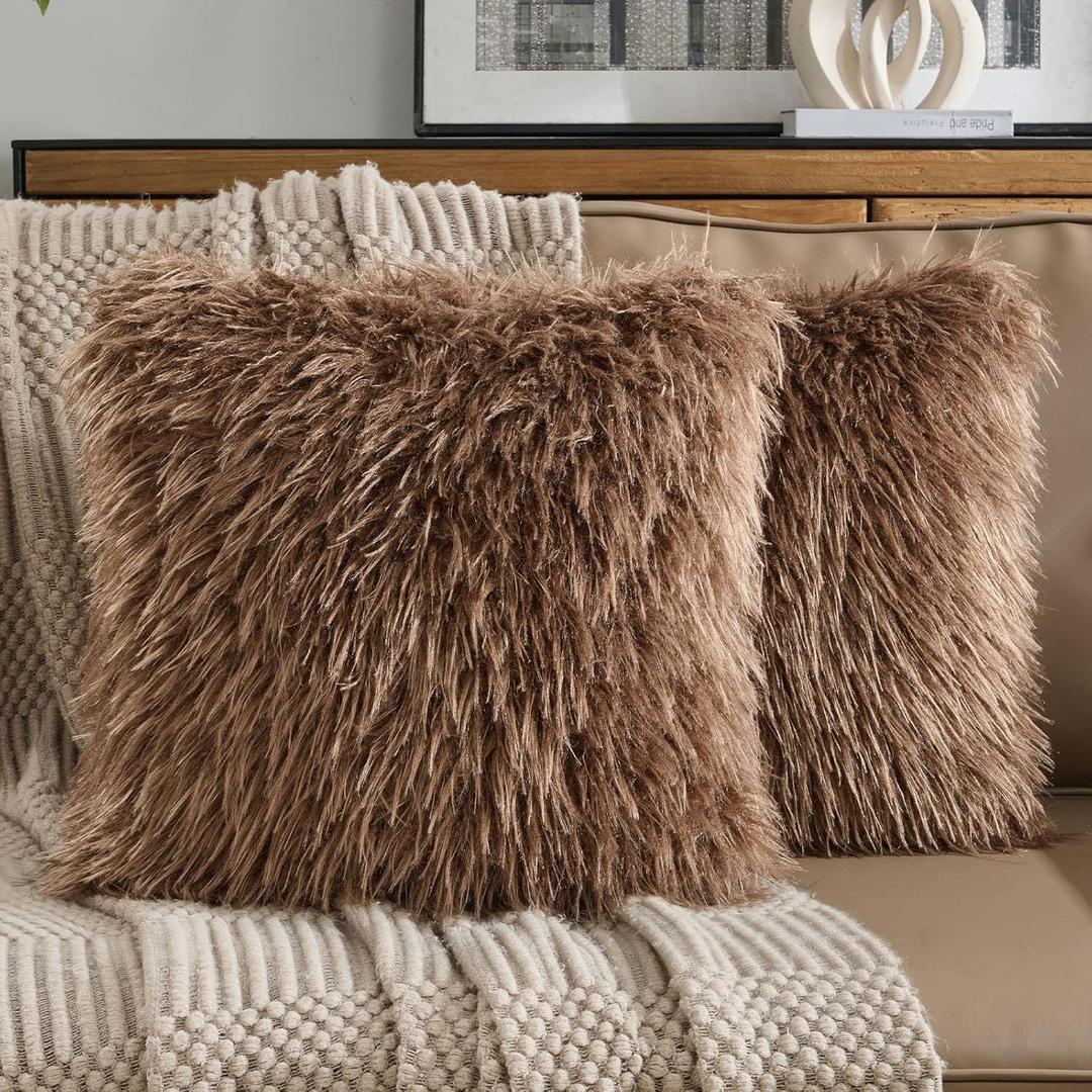 FUTEI Pack of 2 Shaggy Mongolian Faux Wool Throw Pillow Covers 18x18 Inch Soft Fluffy Farmhouse Decorative Cushion Case for Couch Bed Living Room, Dark Brown