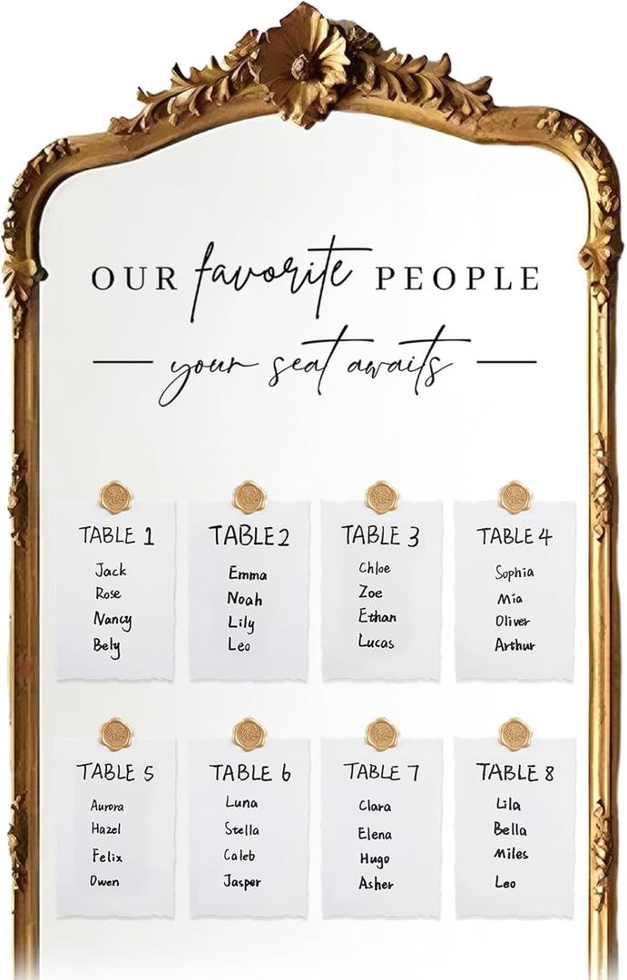 1 Pcs Wedding Seating Chart Decal Our Favorite People Mirror Stickers, Removable Letters Decals, 25 Wax Seal Stickers, 25 Cotton Watercolor Paper for Mirror Sign Wedding Decor (Black)