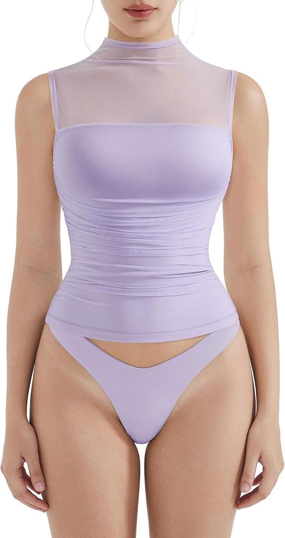 SUUKSESS Women Sexy Mesh Sheer Crop Tank Tops Sleeveless Ruched Going Out Tops (Small, Purple)