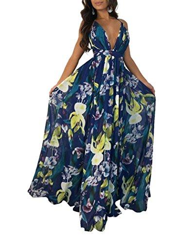 Remelon Womens Sexy Spaghetti Strap Deep V Neck Floral Boho Criss Cross Backless Chiffon Beach Party Long Maxi Dress, 2XL