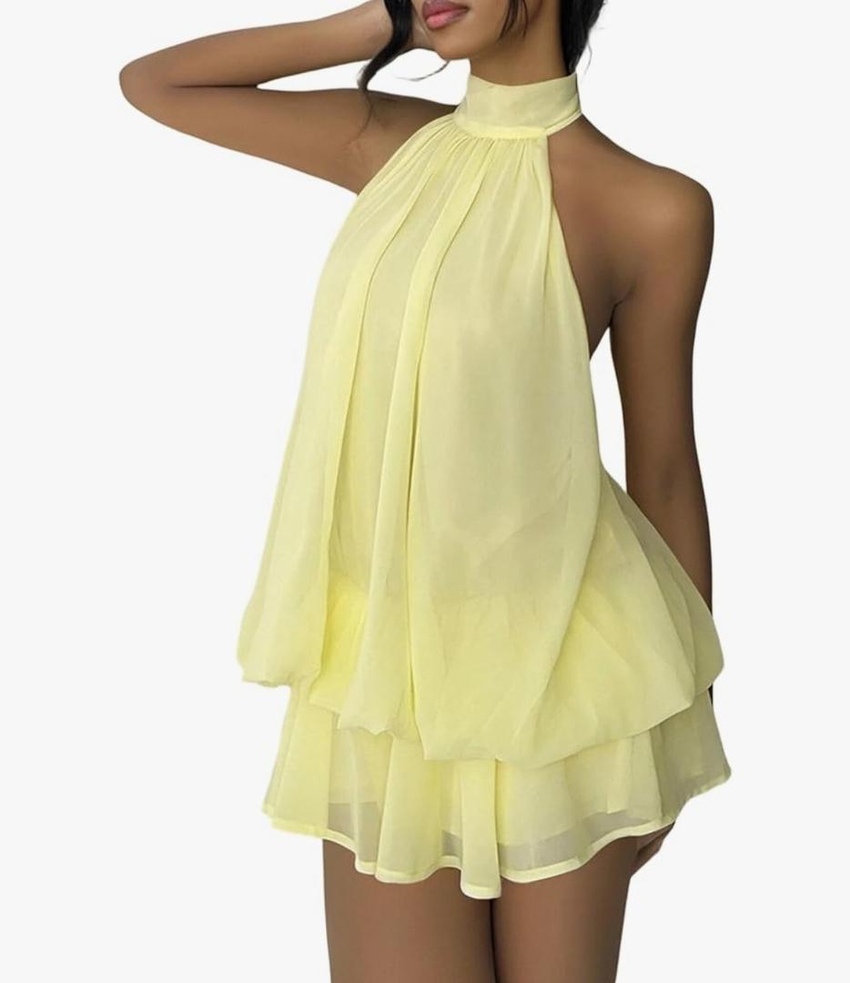 Women Chiffon Halter Cocktail Dresses for Wedding Guest Ruffle Mini Beach Vacation Birthday Dresses Small